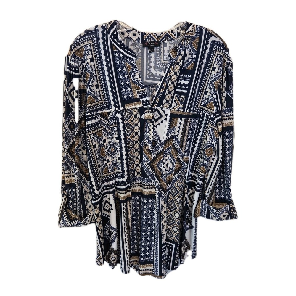 Cocomo Woman Navy Blue Geometric Tribal Print Studded V-Neck Tunic‎ Top 1X